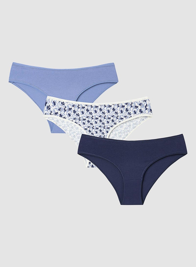 Penti Multicolour Blue Autumn Leaf Patterned Low Waist 3-pack Slip Panties Briefs - Image 1